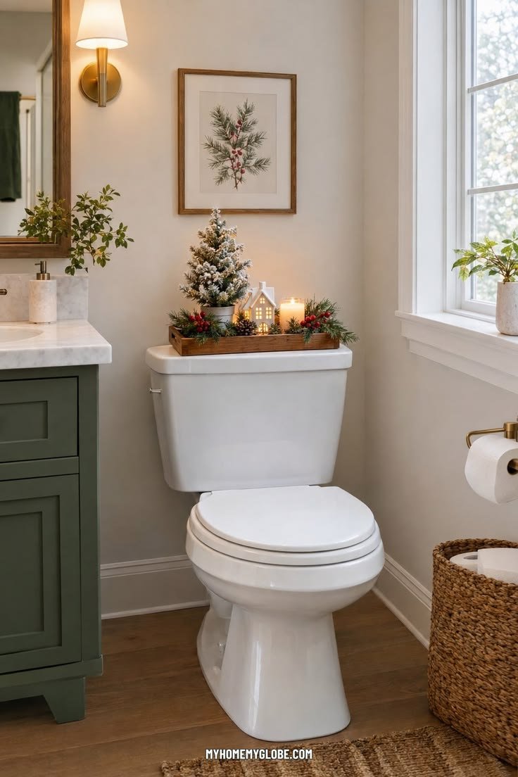 Styled wooden toilet tank tray with a small Christmas tree and candle