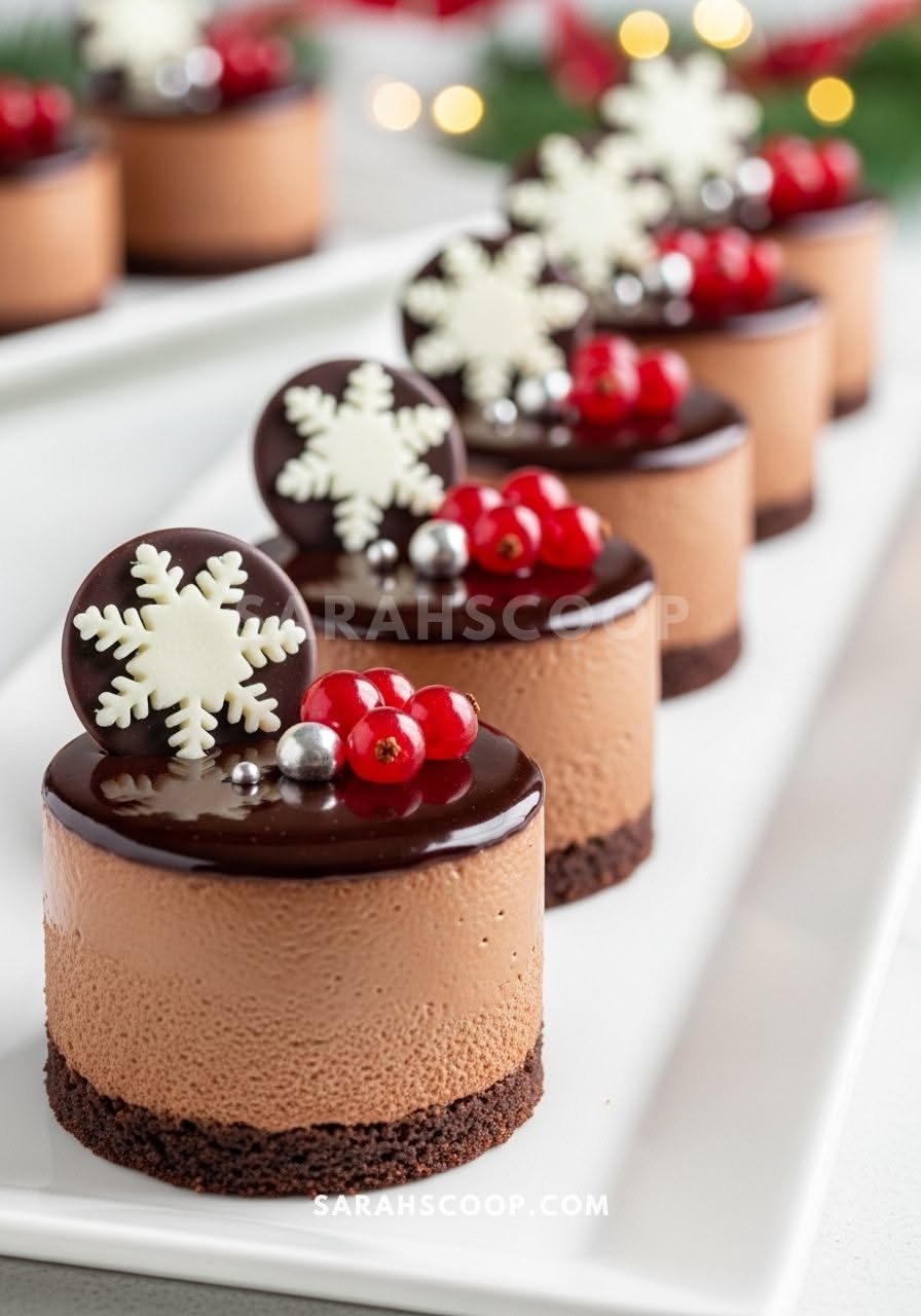 Individual chocolate mousse cakes topped with a white chocolate snowflake and red currants