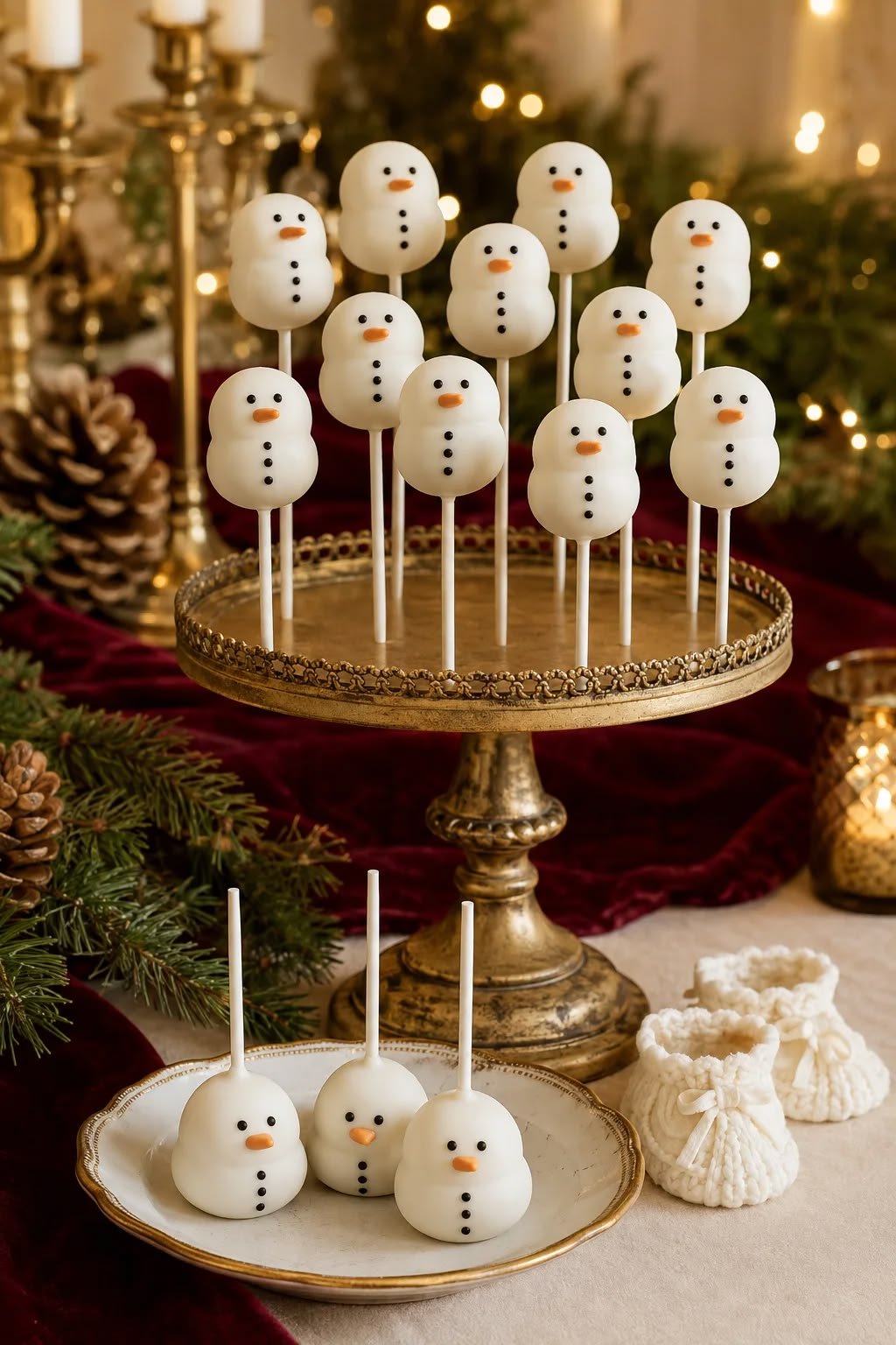 Snowman cake pops displayed on a gold tiered stand with pinecones and greenery