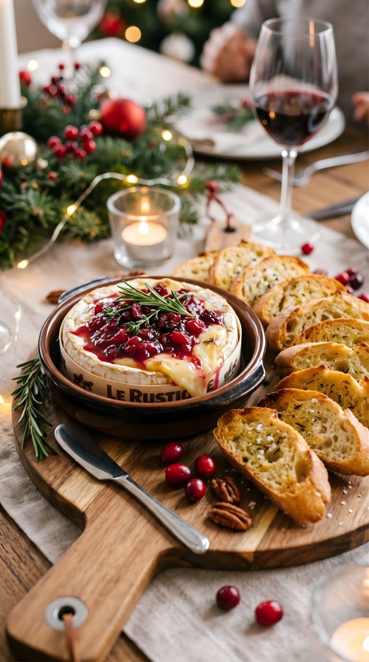 Baked Camembert with cranberry topping and toasted baguette slices