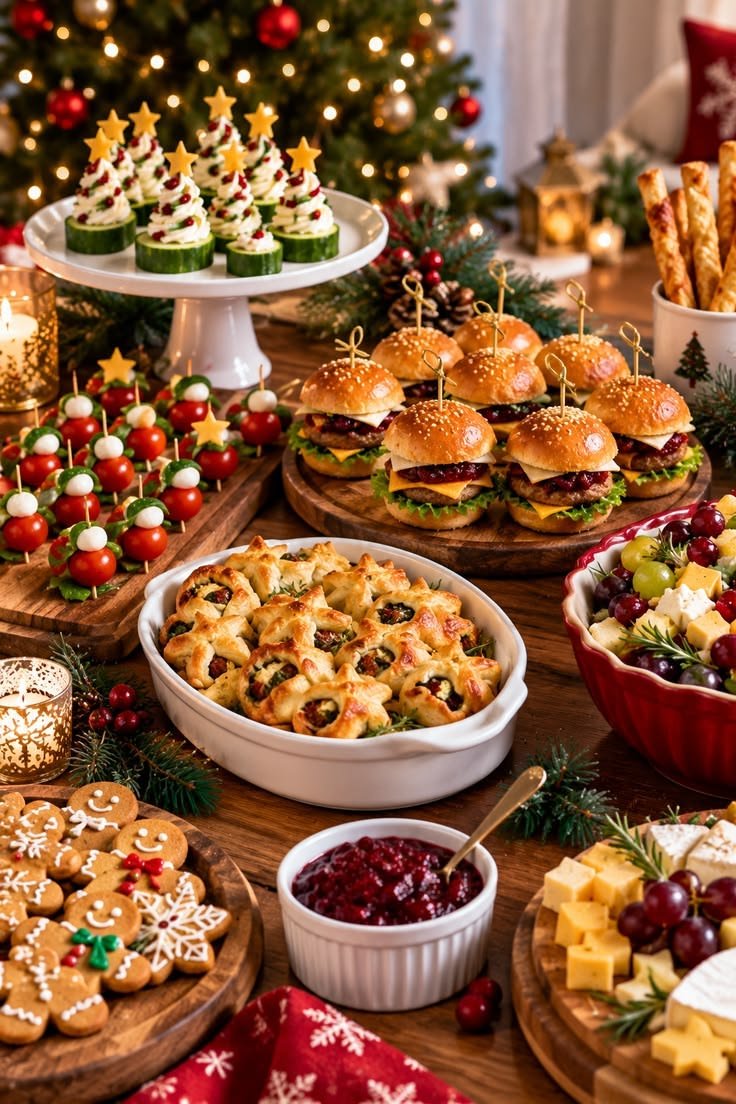 Full Christmas appetiser buffet with sliders, cucumber trees, puff pastry bites, and gingerbread cookies