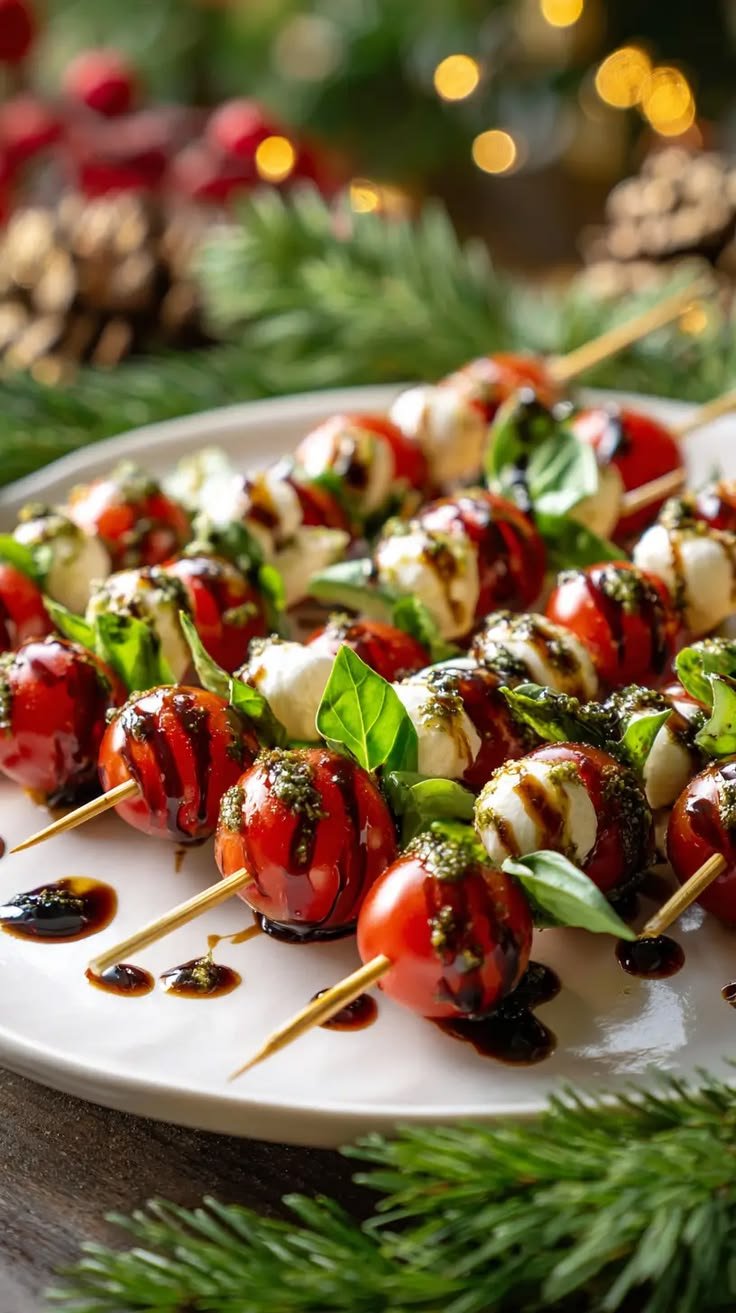 Caprese Christmas skewers with tomato, mozzarella, and basil drizzled with balsamic glaze