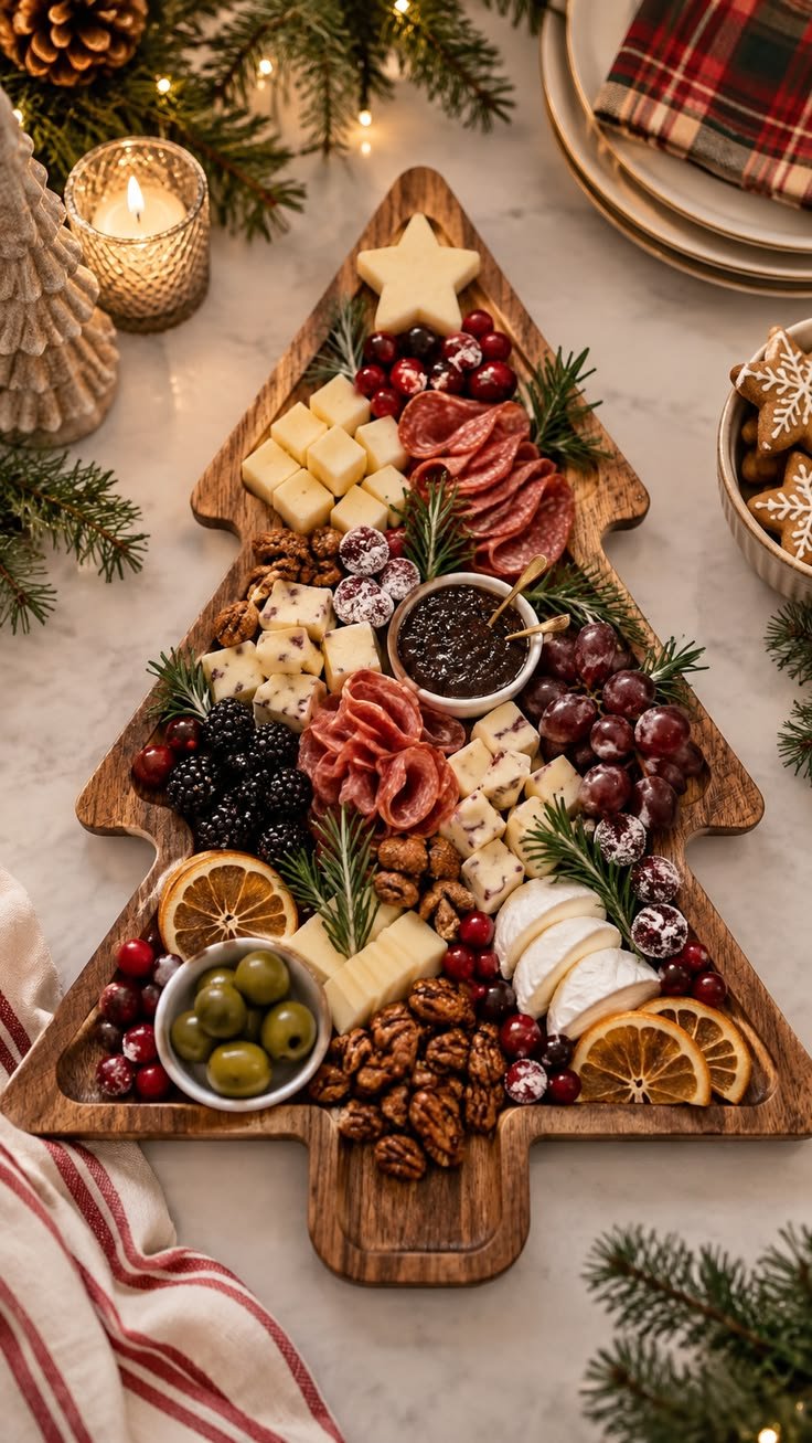 Christmas tree-shaped charcuterie board with cheese, salami, and cranberries