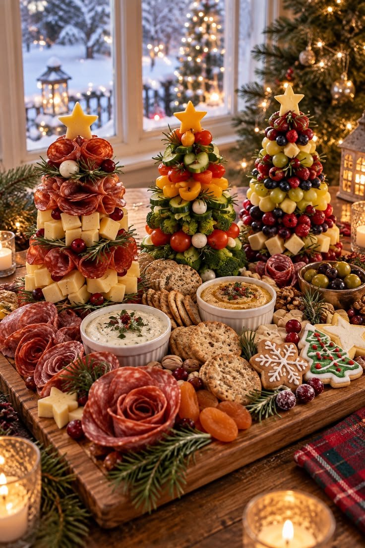 Christmas tree-shaped cheese board with cranberries and walnuts