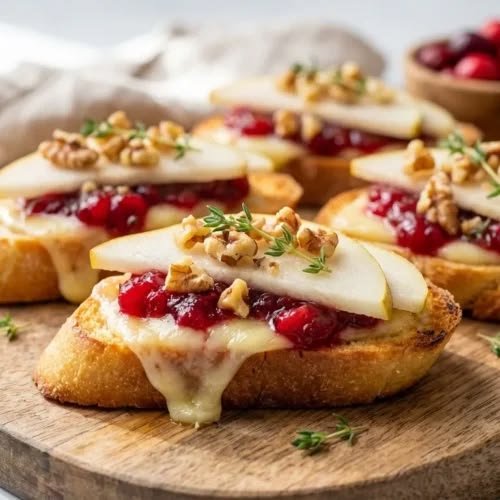 Cranberry brie crostini topped with pear and walnuts