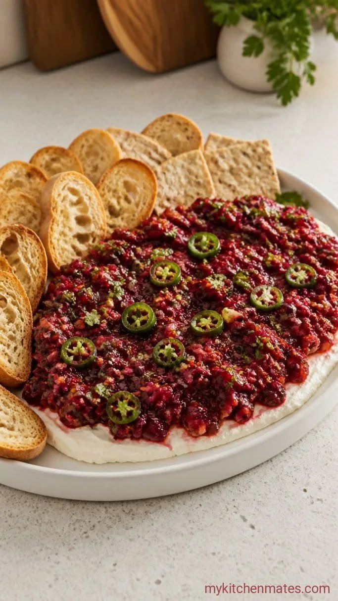 Cranberry jalapeno cream cheese dip served with toasted baguette slices