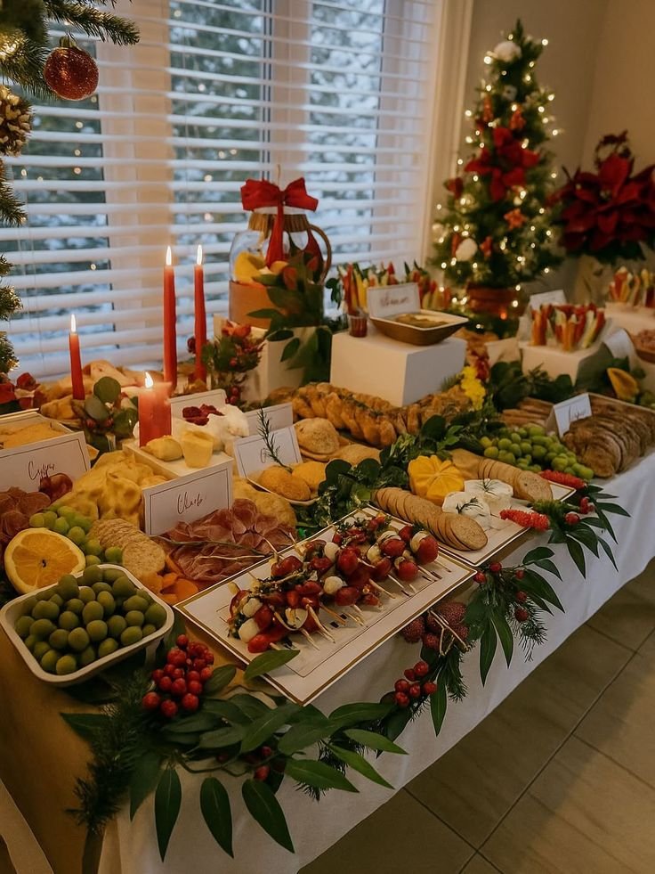 Christmas grazing table balancing meats, cheeses, bread, and fresh vegetables