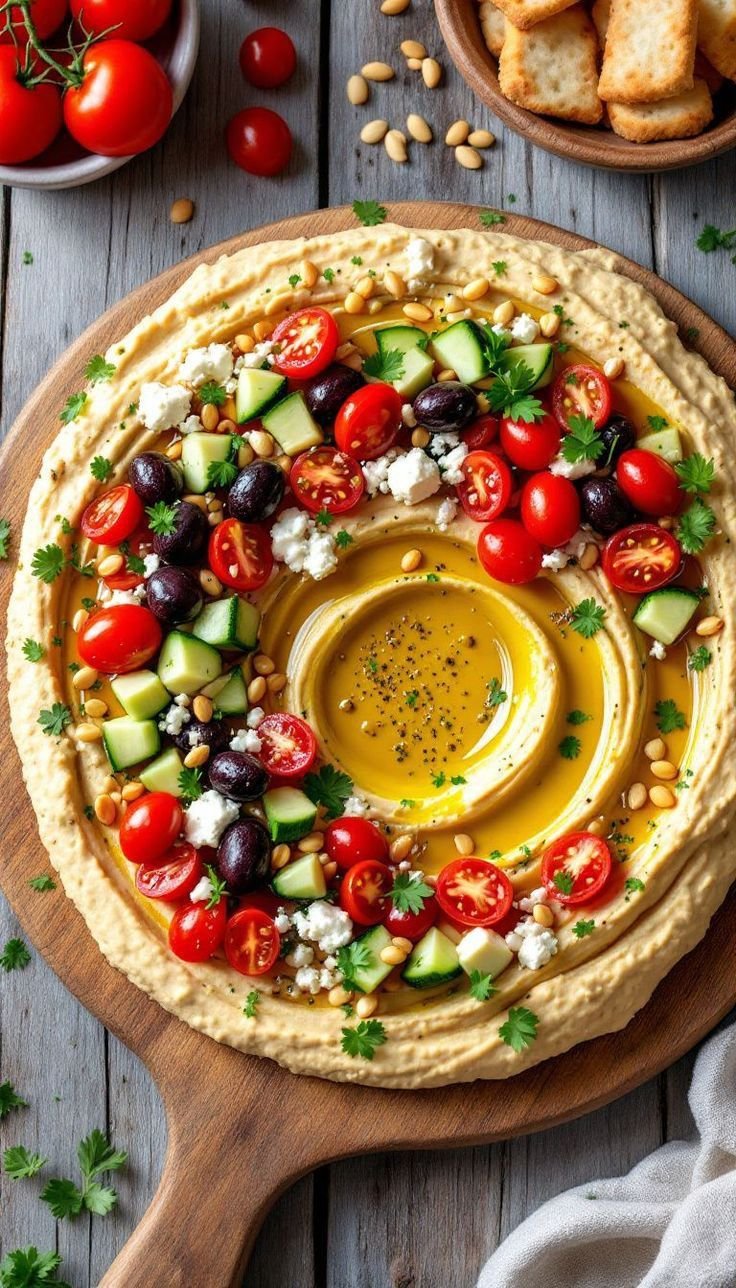 Holiday hummus platter arranged in a wreath with tomatoes, olives, and cucumber