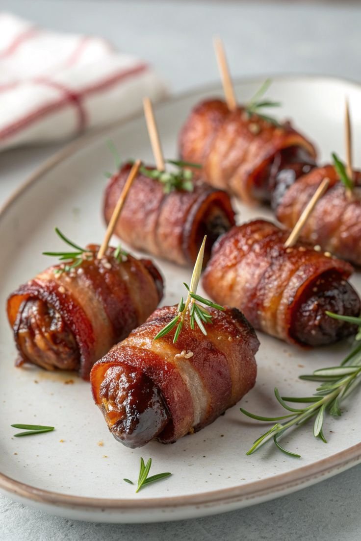 Bacon-wrapped dates with rosemary garnish on a plate