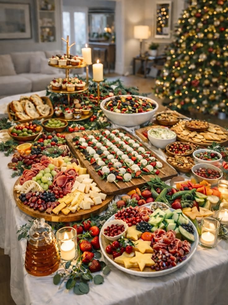 Full Christmas appetiser spread with charcuterie, fruit, and candles under the tree