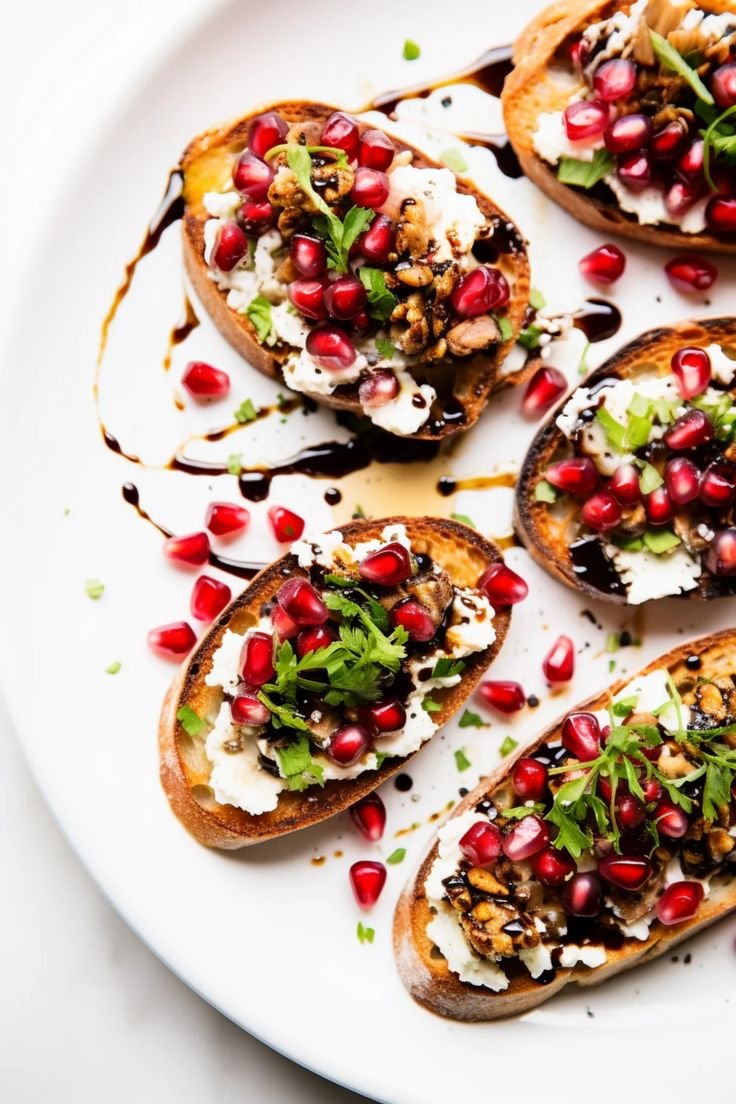 Whipped feta crostini topped with pomegranate seeds and walnuts