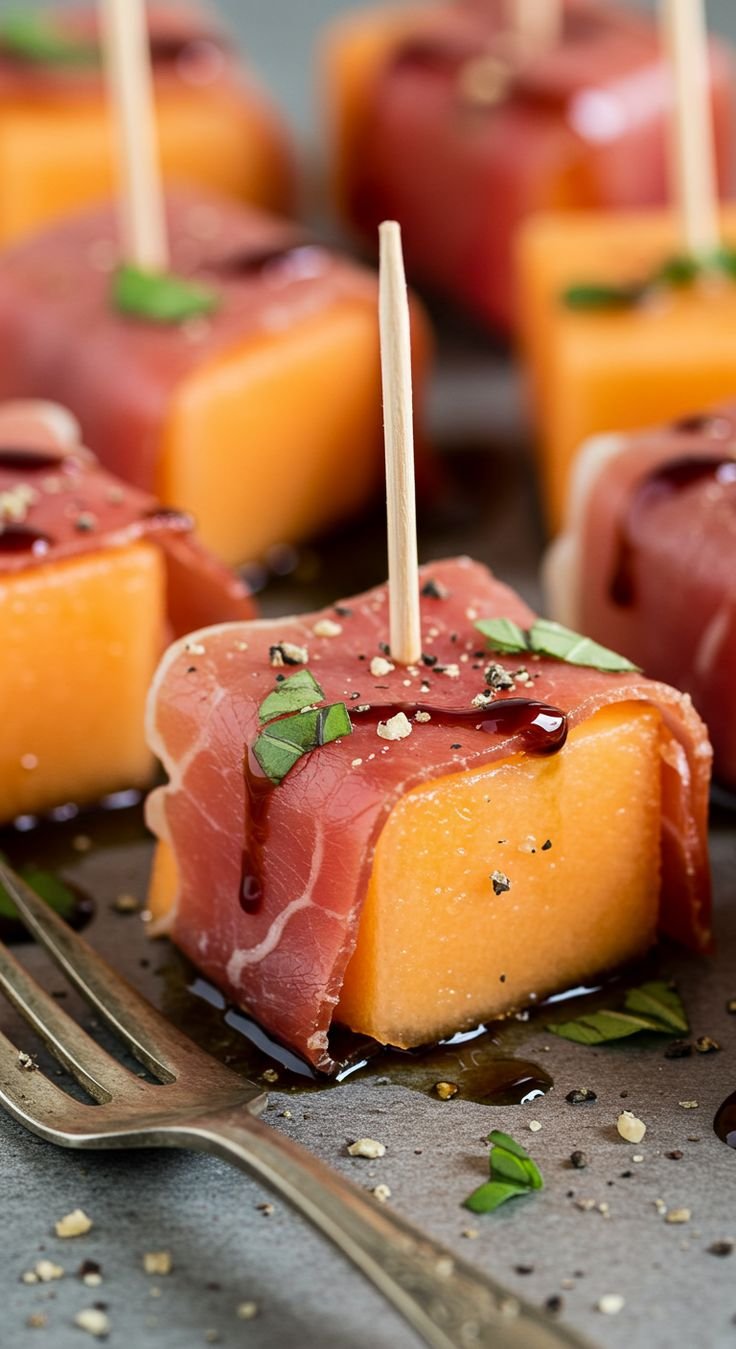 Prosciutto-wrapped melon cubes with basil and balsamic glaze