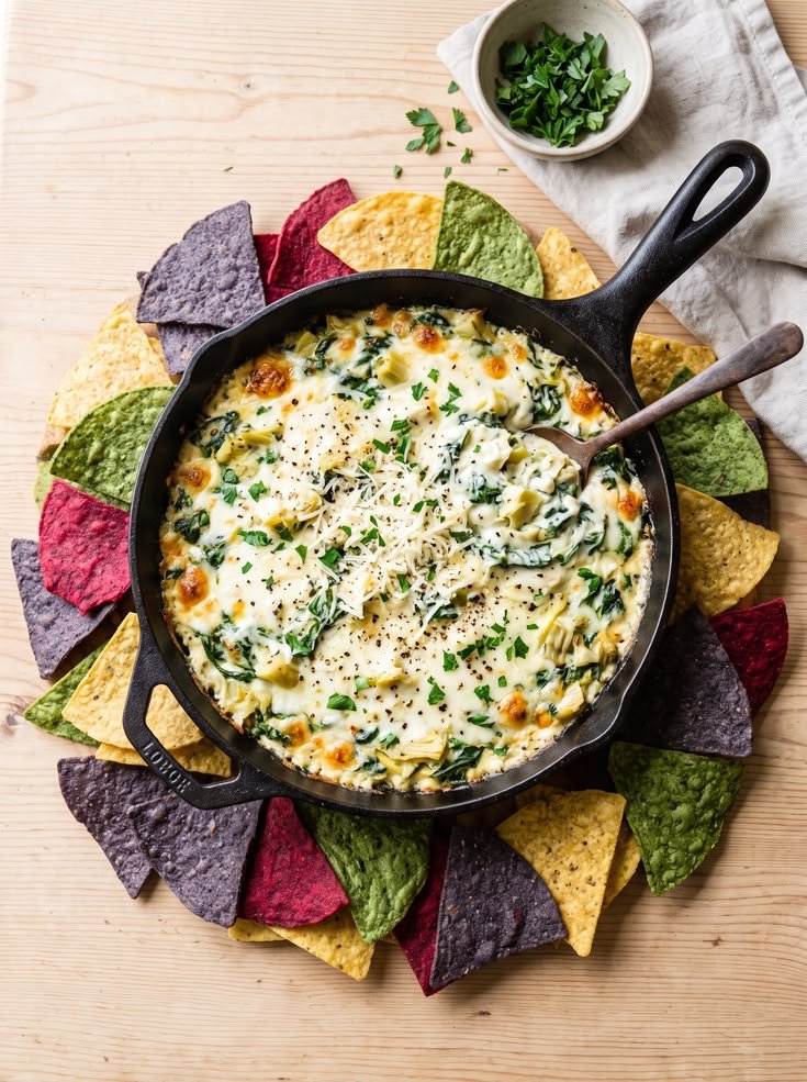 Baked spinach artichoke dip in a skillet surrounded by colorful tortilla chips