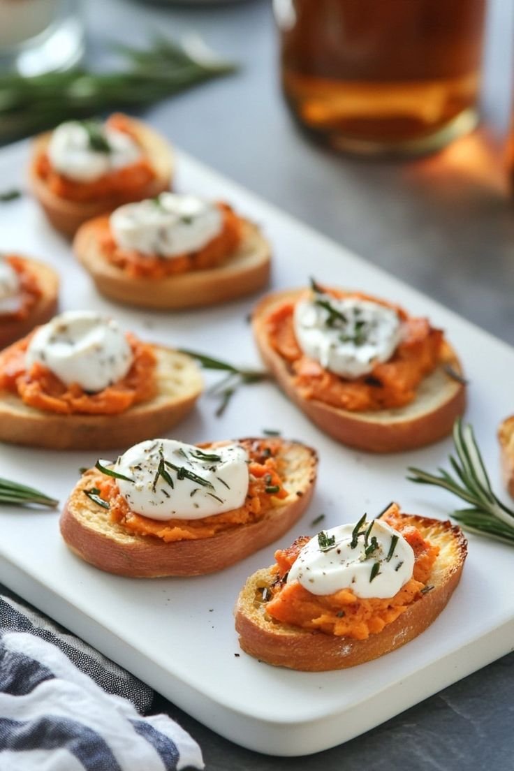 Roasted sweet potato crostini topped with herbed cheese and rosemary