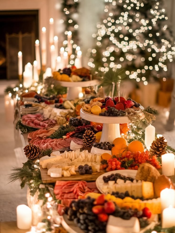 Long candlelit Christmas buffet table with cheese boards and fruit stands