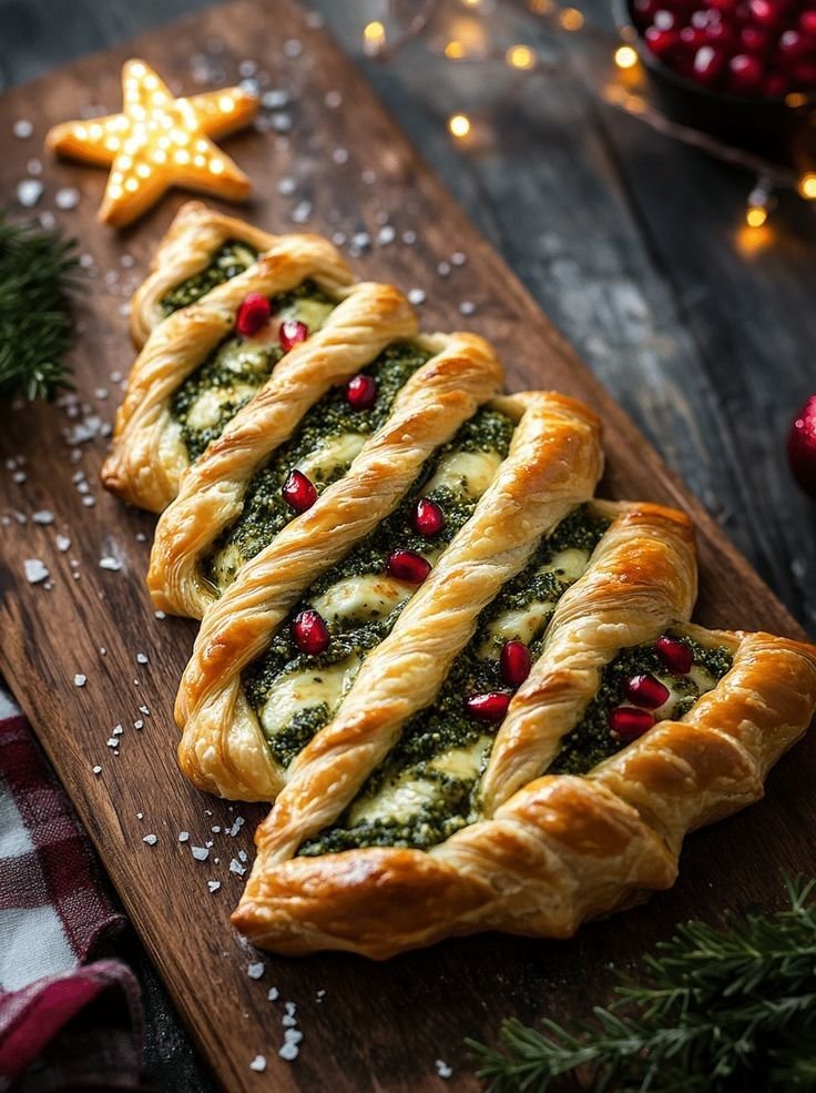 Christmas tree-shaped puff pastry with pesto and pomegranate seeds