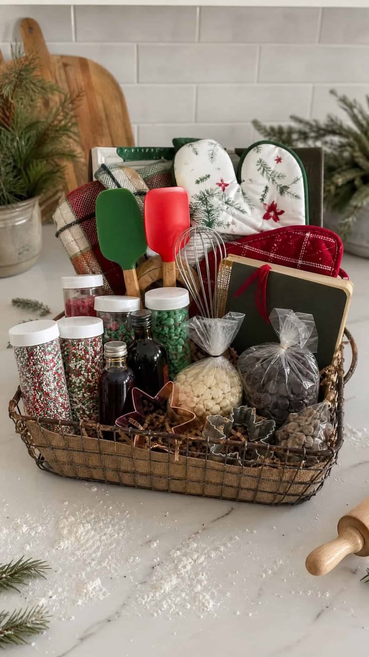 Christmas baking gift basket filled with sweet baking supplies