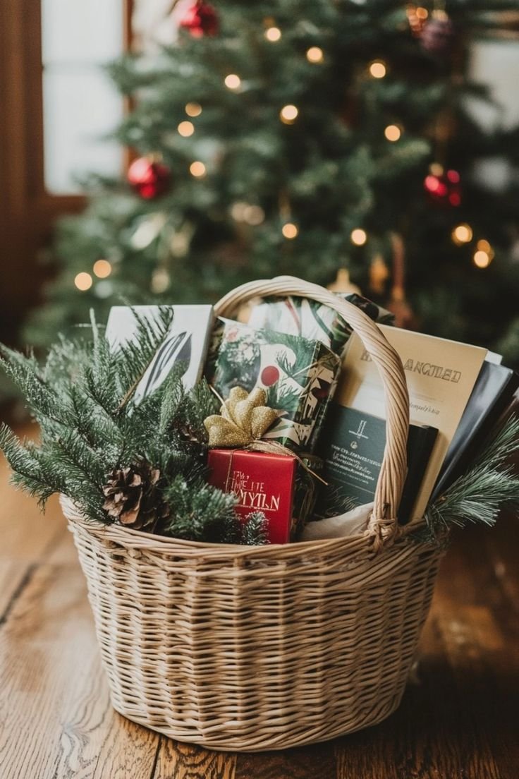 Christmas gift basket for readers with a book, chocolate, and treats