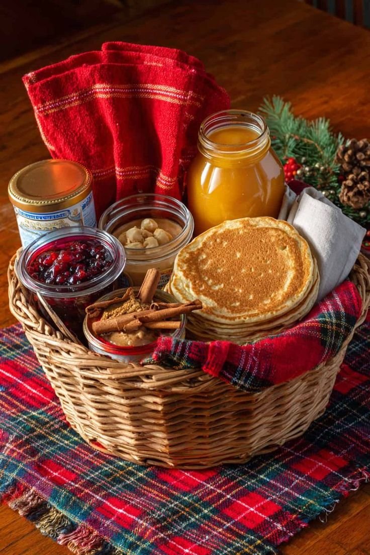 Cozy Christmas breakfast gift basket arranged for a tray