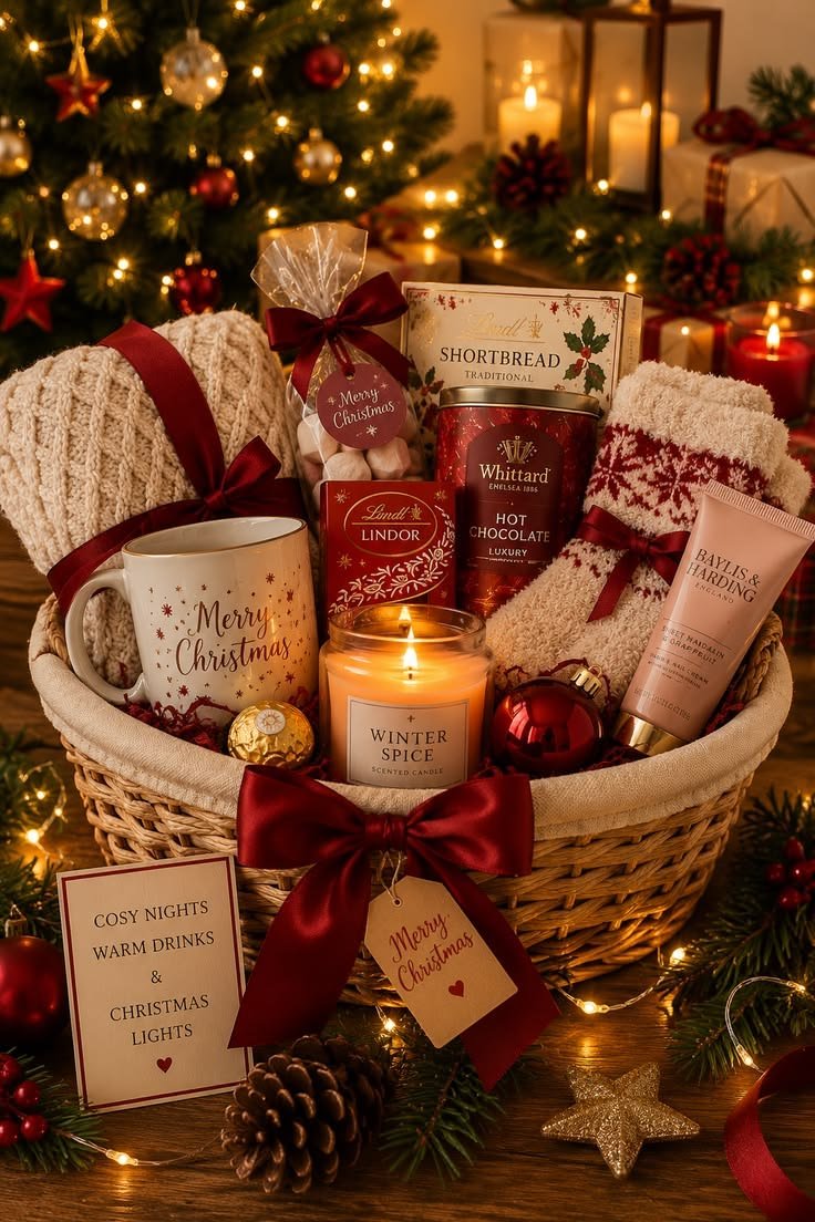 Full Christmas gift basket with a lit candle, mug, chocolates, and fuzzy socks by the tree