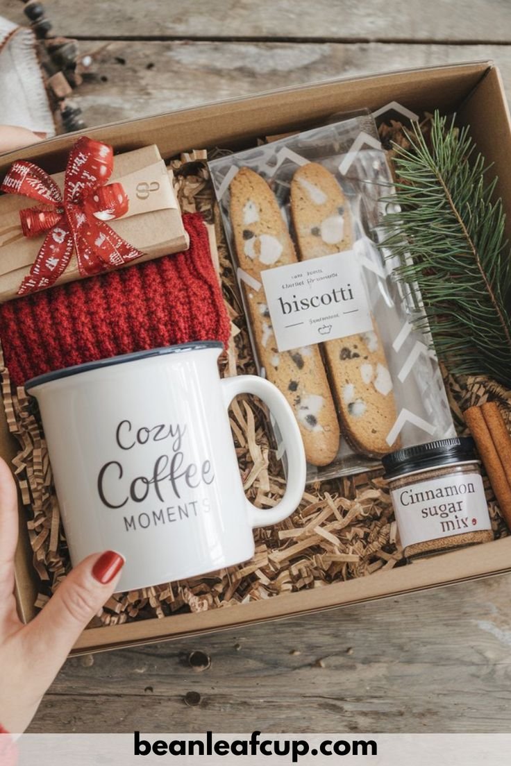 Coffee lover Christmas gift basket with beans, mug, and iced coffee extras