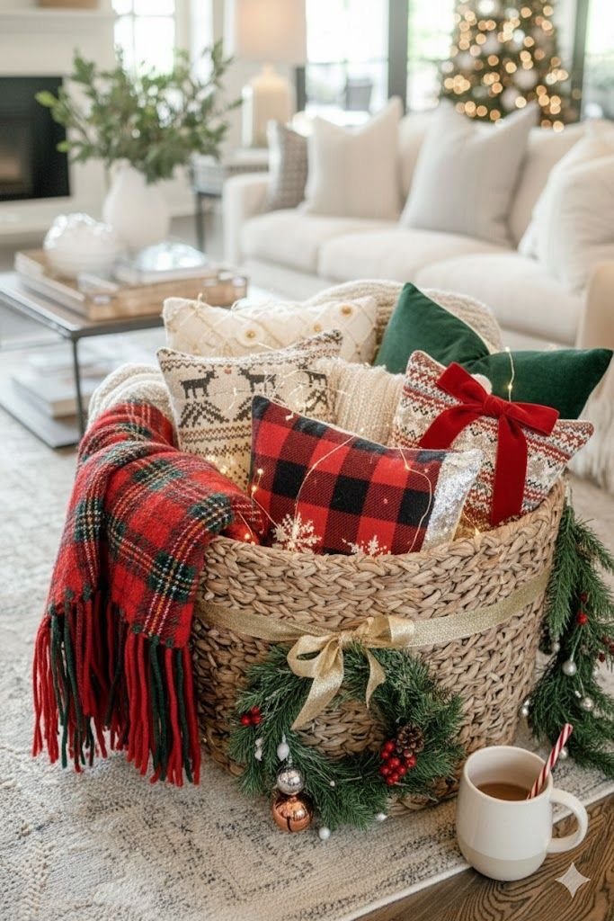 Cozy Christmas gift basket styled with folded blankets and pillows on a couch