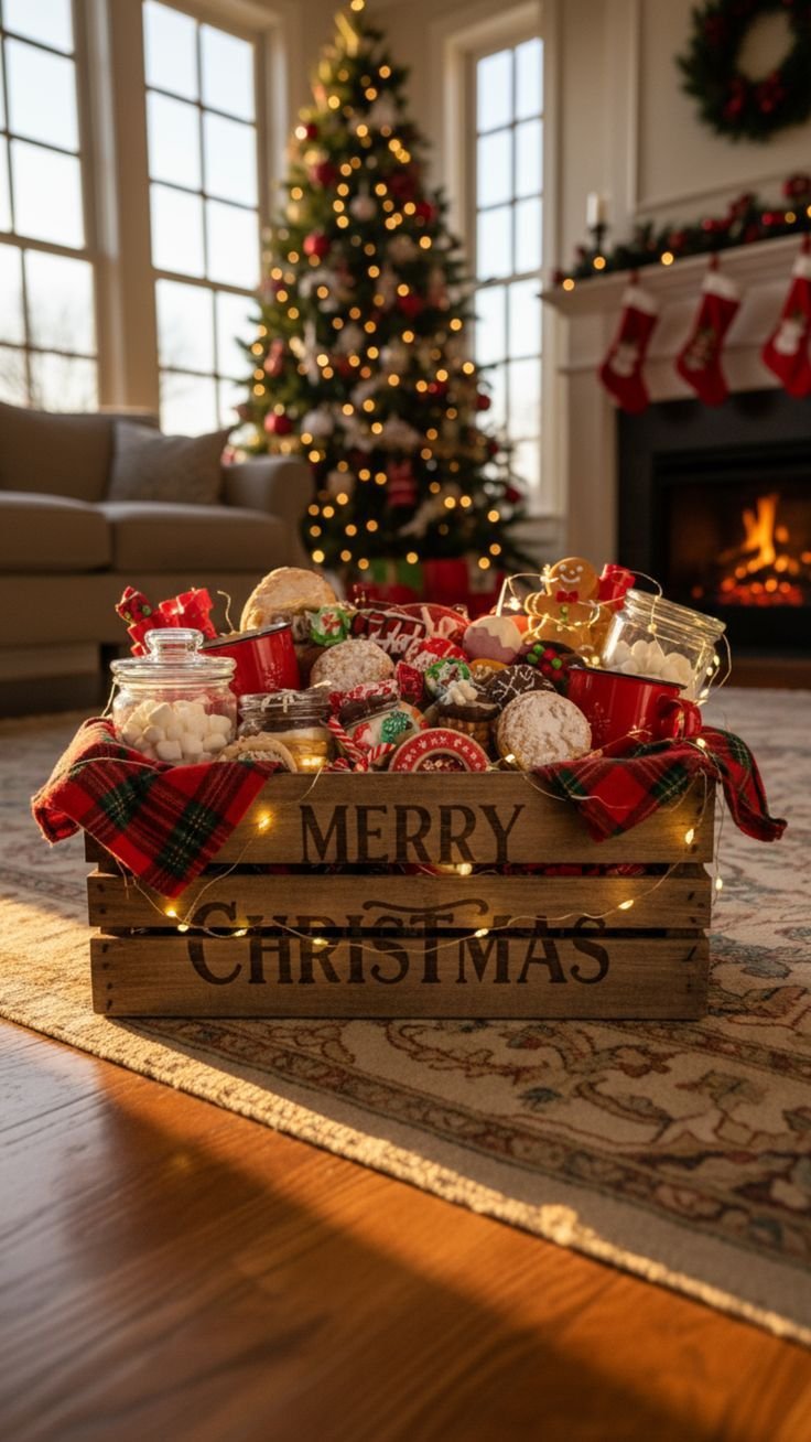 Wooden crate stamped Merry Christmas filled with cookies, mugs, and treats by the fireplace