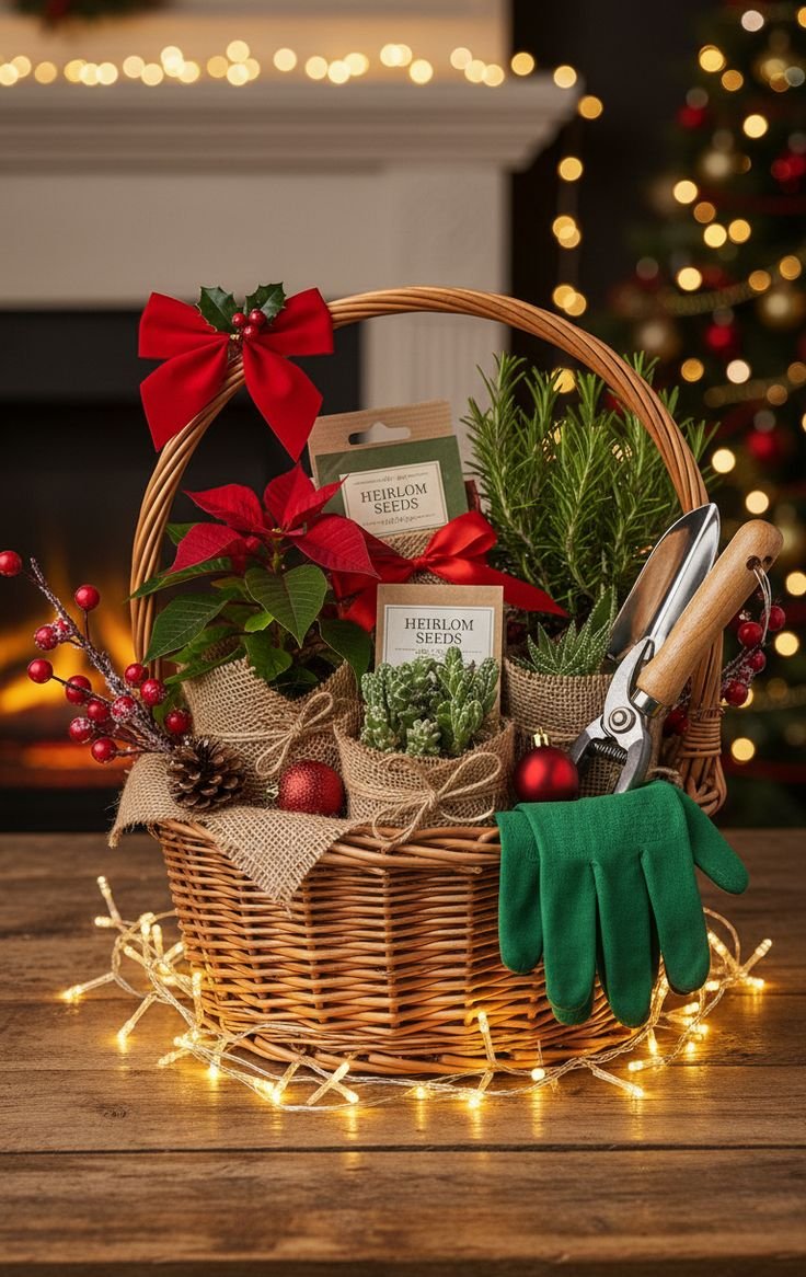 Christmas gardening gift basket with plant-themed extras