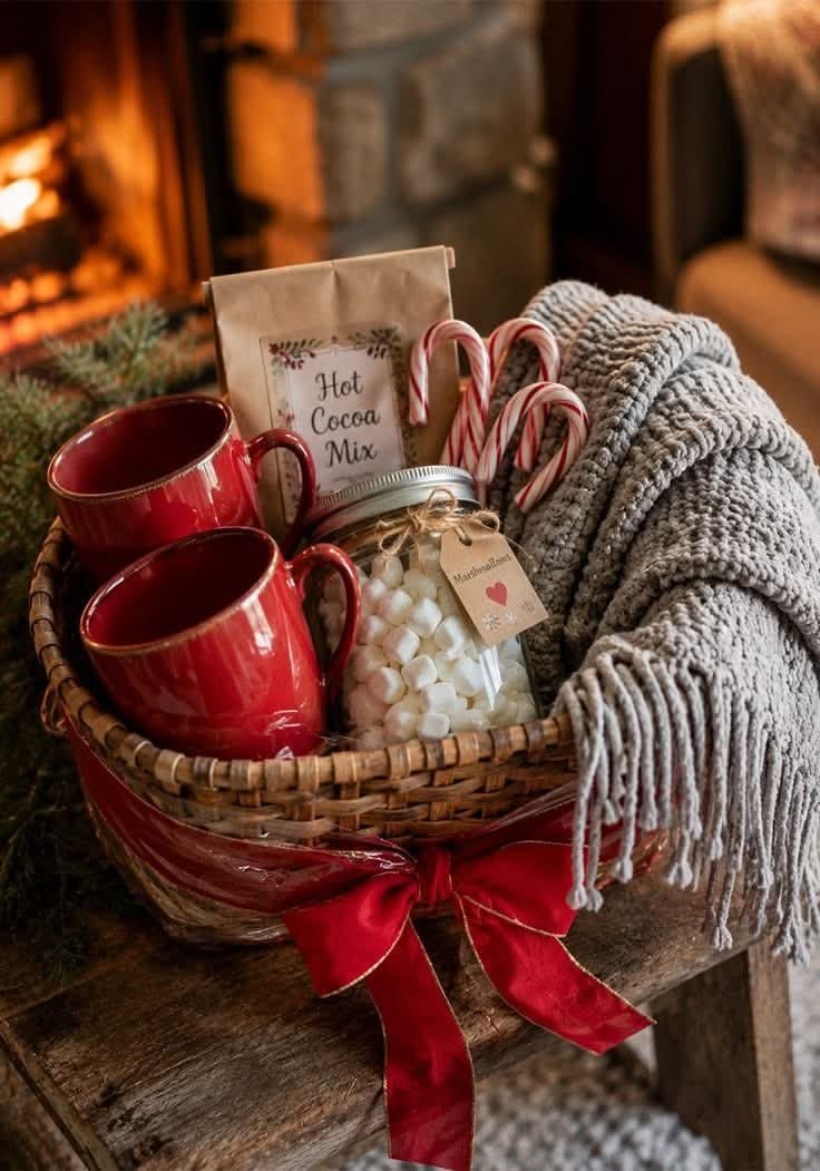 Hot chocolate Christmas gift basket with cocoa mix, marshmallows, and a mug