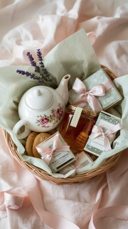 Hot tea Christmas gift basket wrapped for gifting