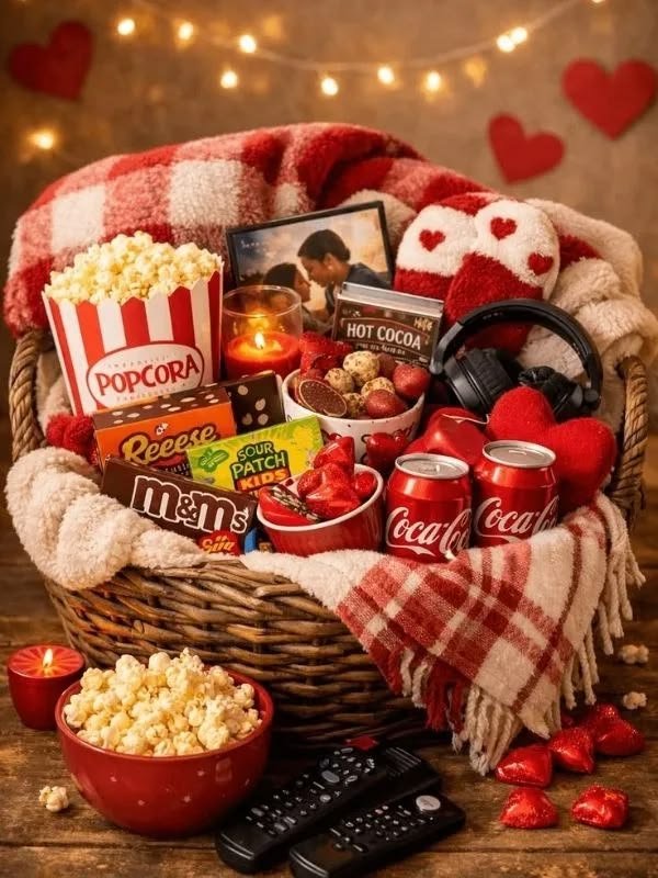 Christmas movie night gift basket with snacks and cozy extras