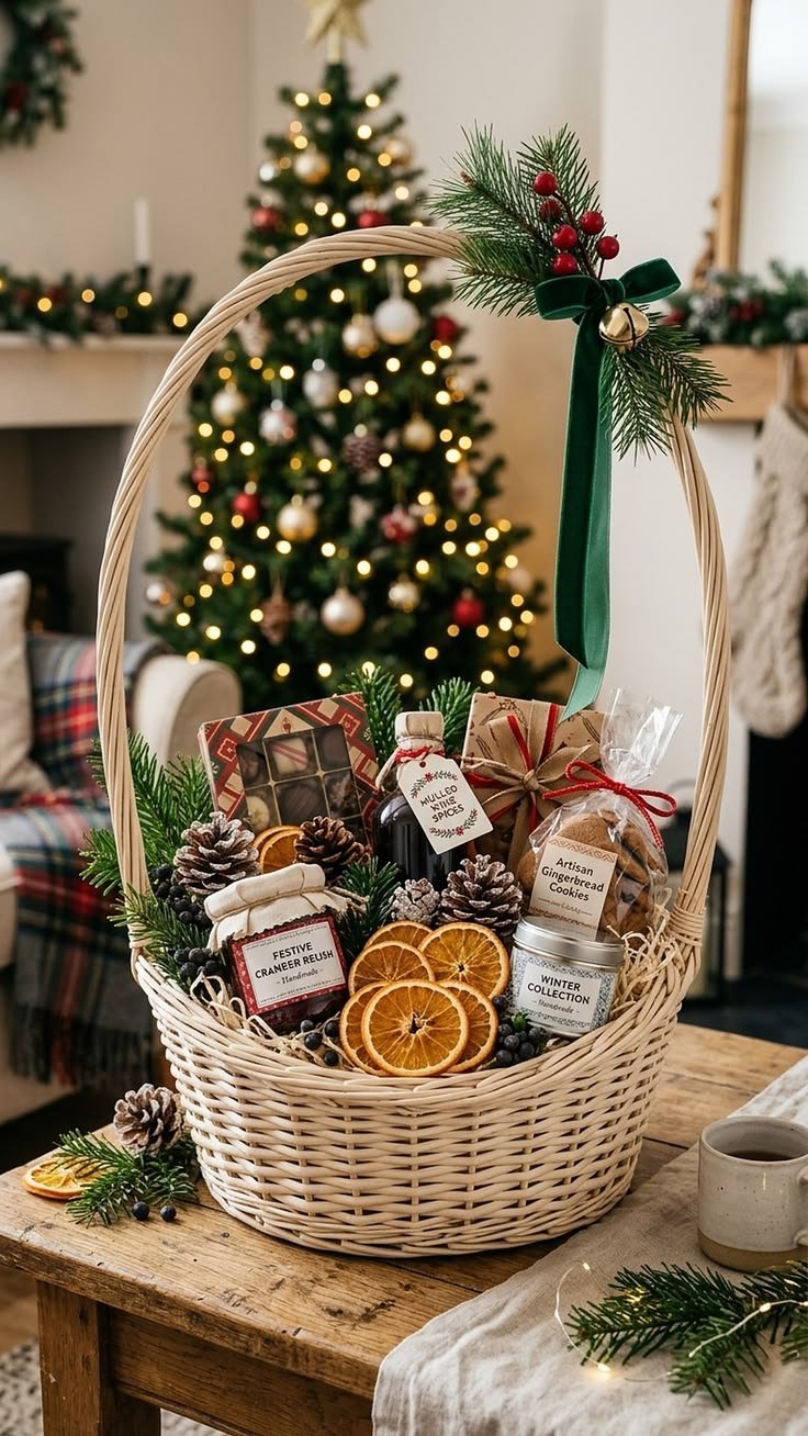 Simple wrapped Christmas gift basket with a pinecone and greenery