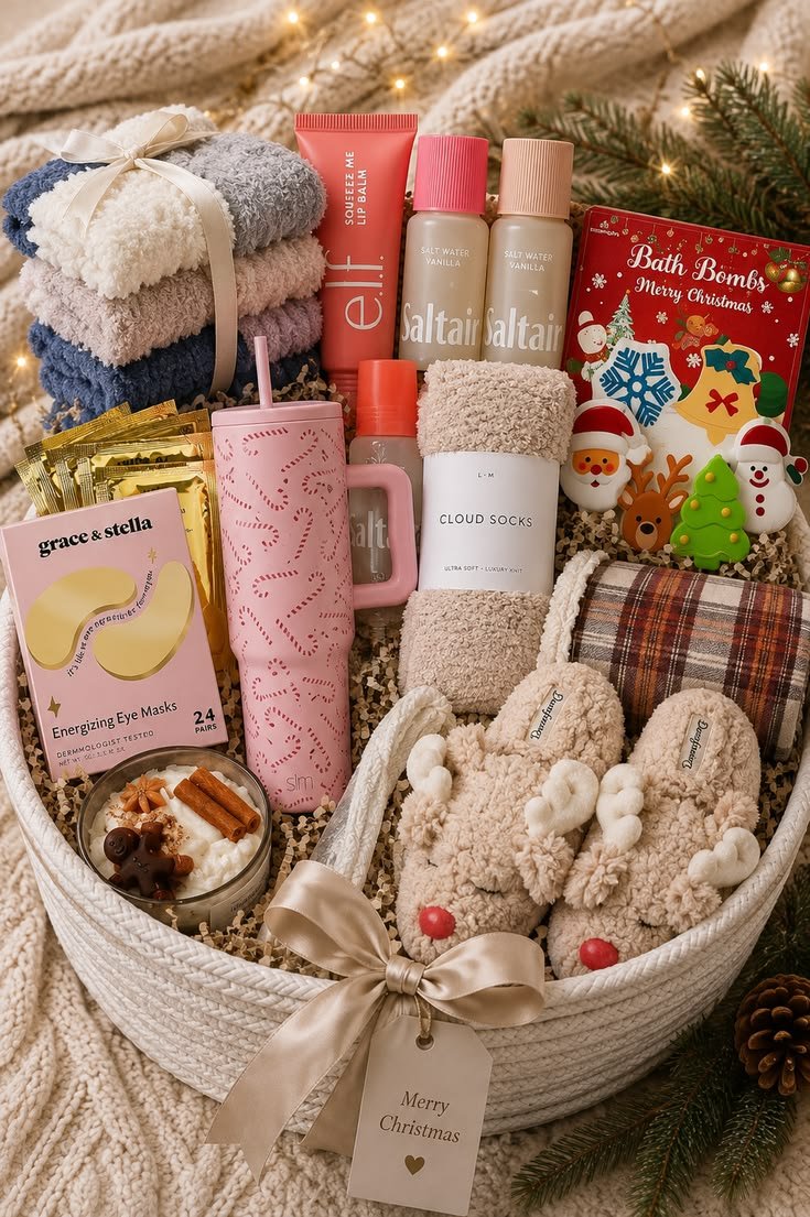 Self-care Christmas gift basket with bath and comfort items for her