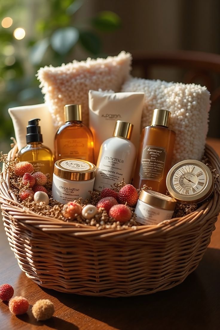 Luminous holiday spa gift basket with nature-inspired touches