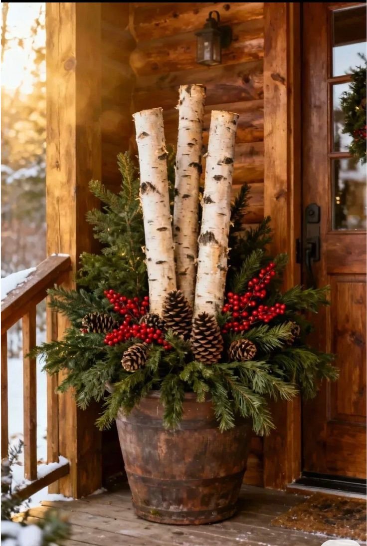 Wine barrel planter with upright birch logs, pinecones, and red berries