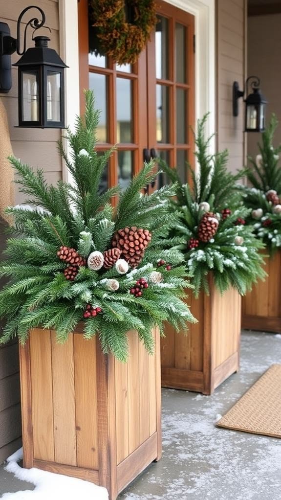 Wood slat planters with feathery cedar branches and white and natural pinecones