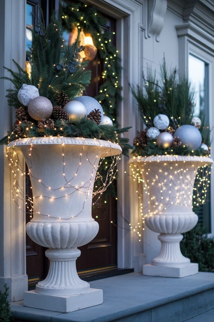 Tall white urns with ornaments and fairy lights draped down the sides