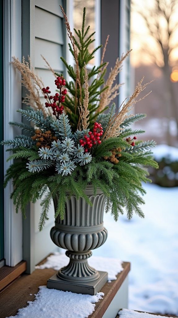Fluted urn with dusty blue frosted foliage, red berries, and golden dried grass