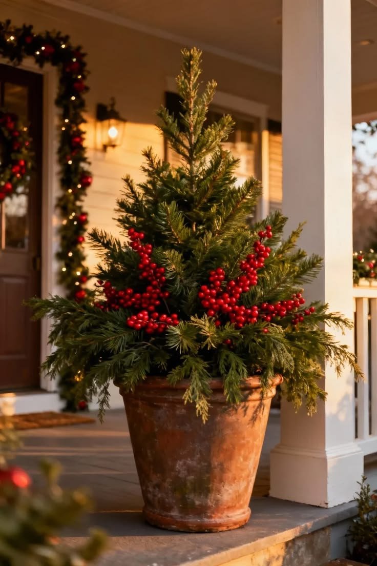 Terracotta Christmas planter with a small evergreen tree and clustered red berries on top