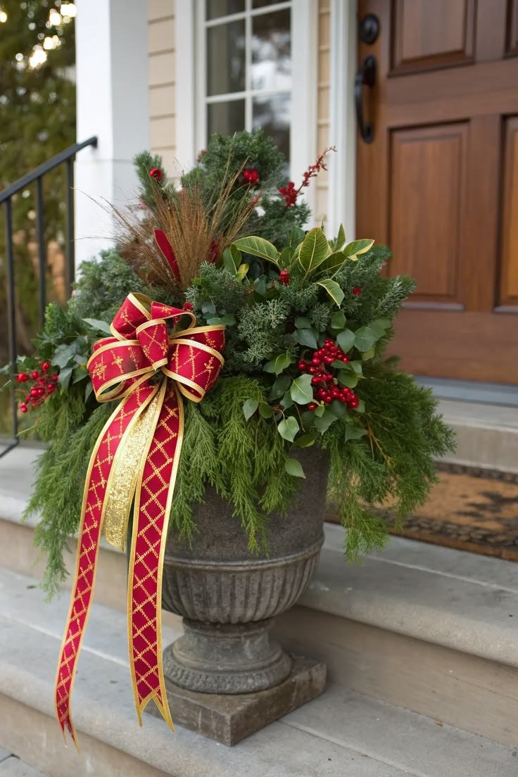 Stone urn with mixed evergreen foliage and a red and gold ribbon