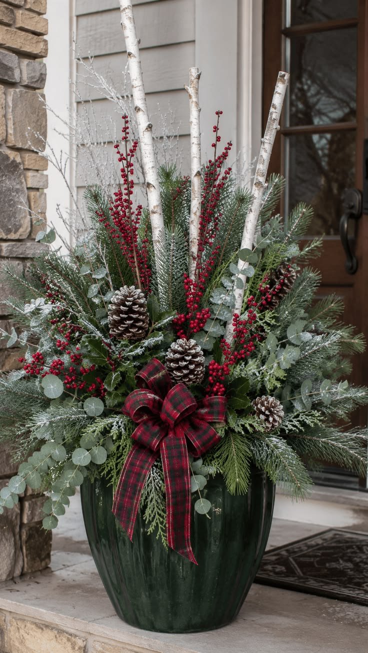 Green urn with birch twigs, eucalyptus, pinecones, and a plaid ribbon bow
