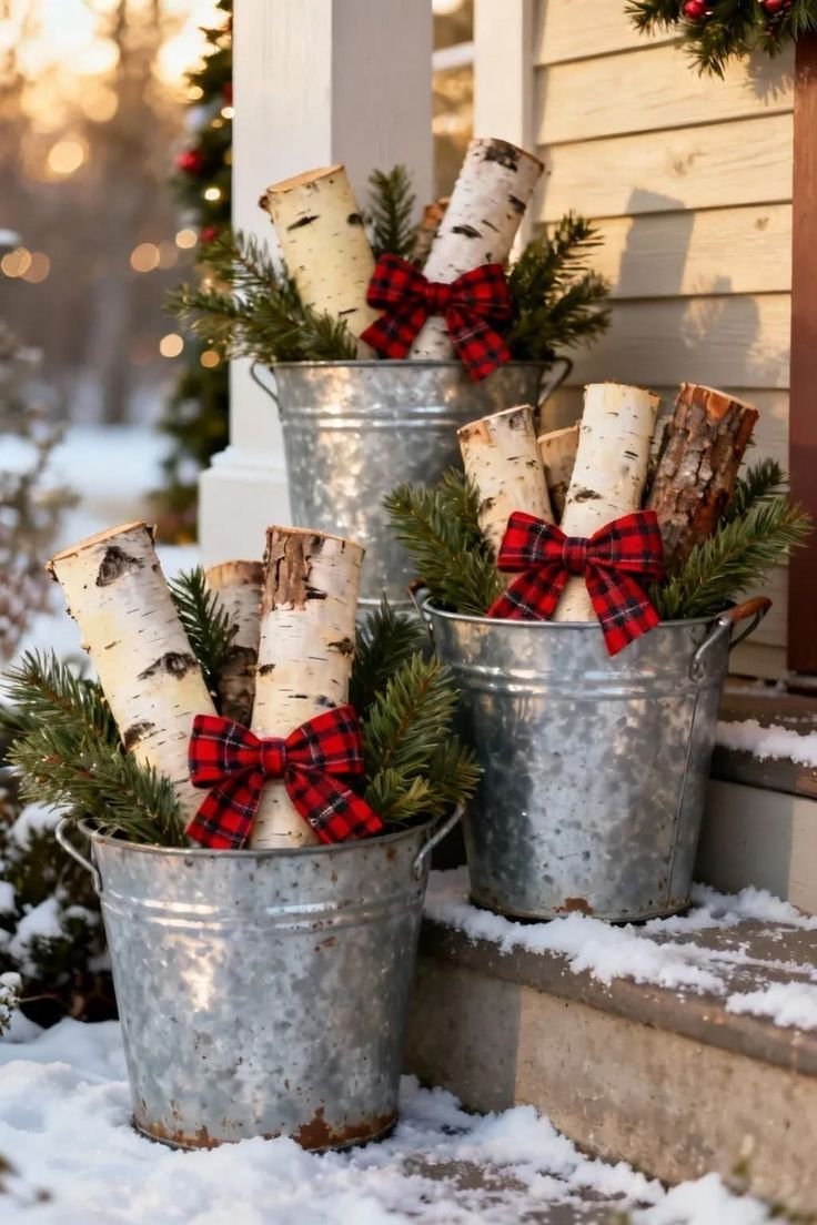 Galvanized buckets with birch logs, evergreen, and plaid ribbon bows