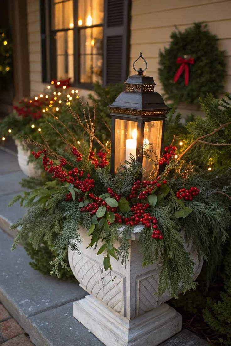 Stone planter with a lit black lantern surrounded by red berries and cedar