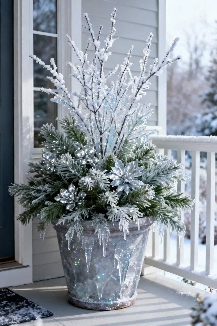 Frosted silver Christmas planter with icicles and silver ornaments