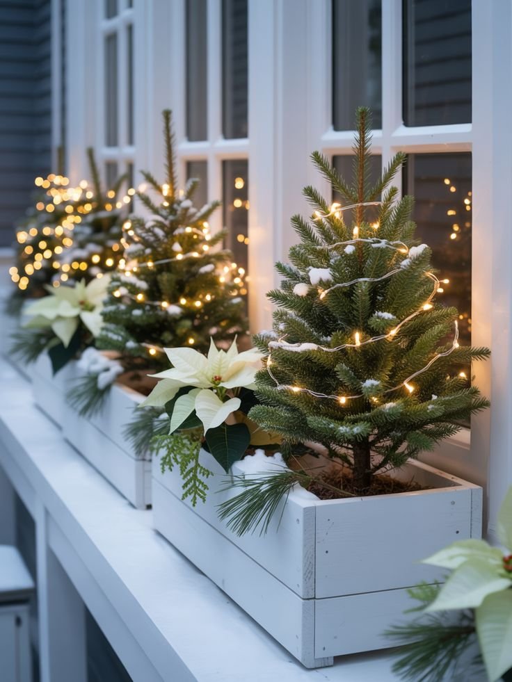 Row of mini Christmas trees with fairy lights and white poinsettias in wood window boxes