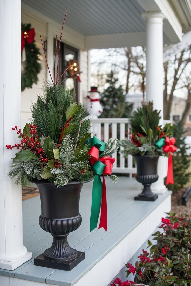 Black fluted urns with holly, red berries, and a red and green ribbon bow