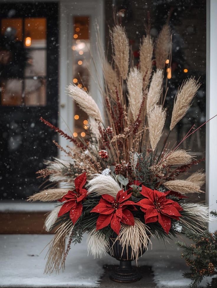 Dark urn with tall pampas grass plumes and red poinsettias in falling snow
