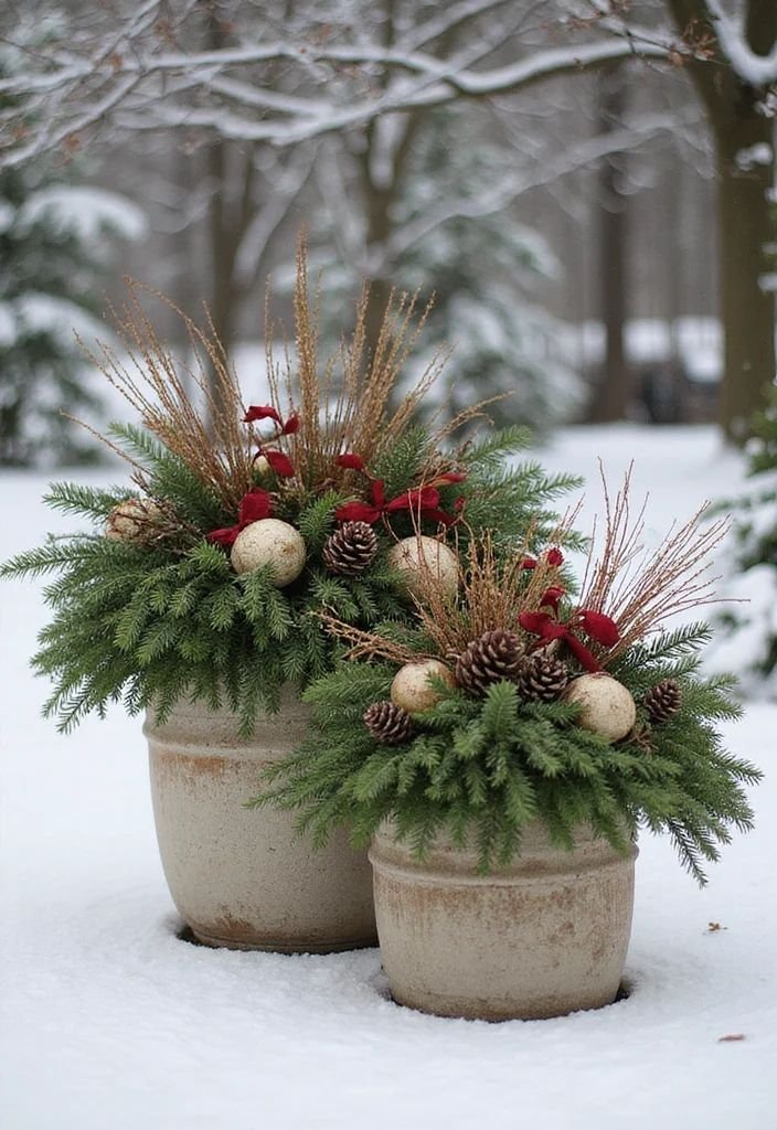 Pair of stoneware Christmas planters with dried grass, gold ornaments, and evergreen in the snow