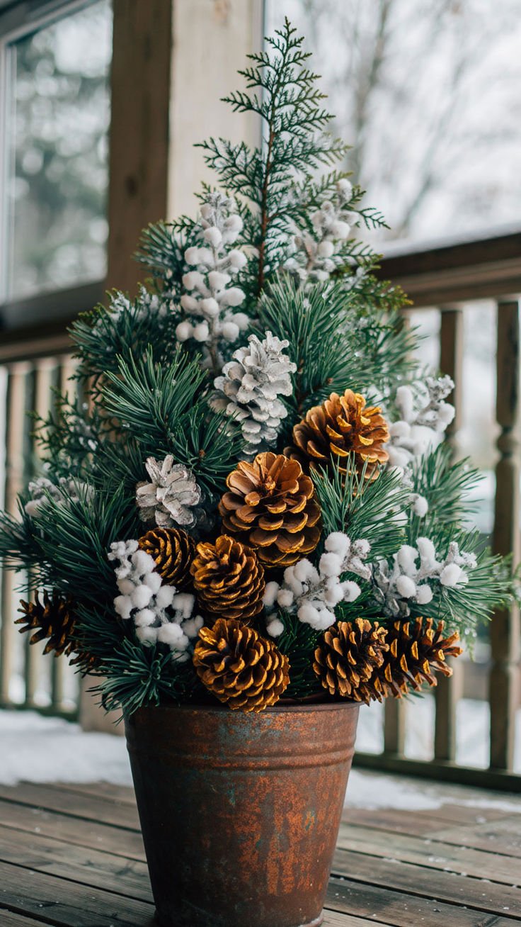 Rusty galvanized bucket planter with gold and white-brushed pinecones