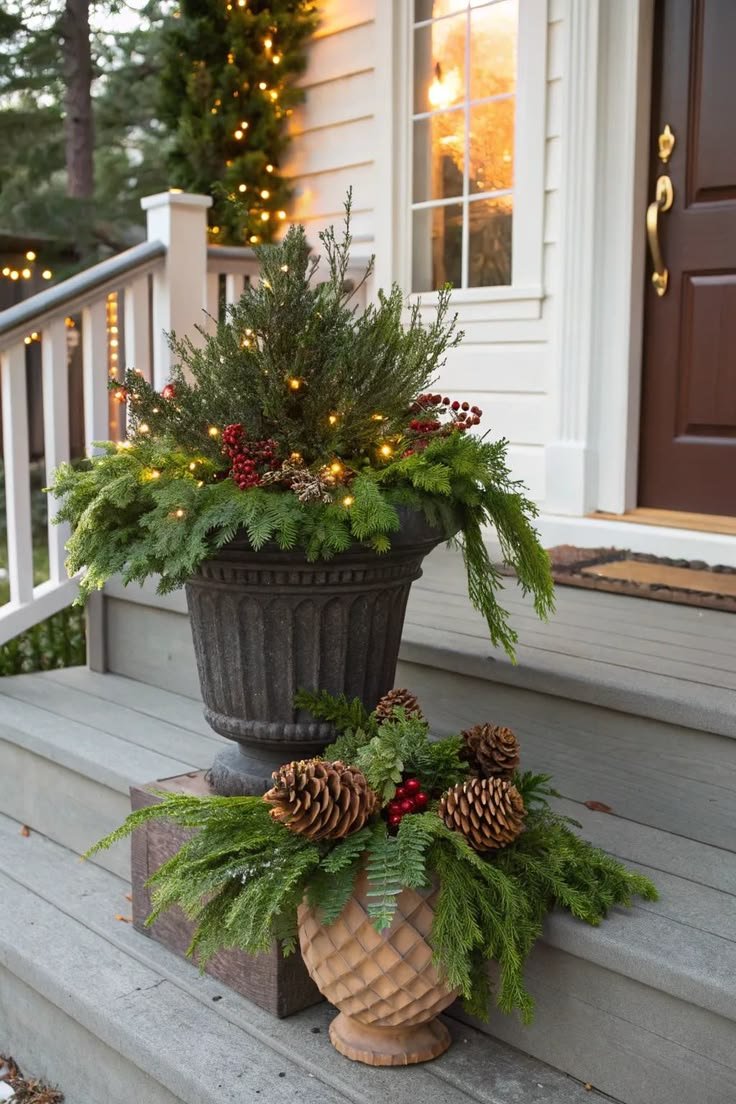 Layered evergreen planter arrangements with pinecones and berries on porch steps